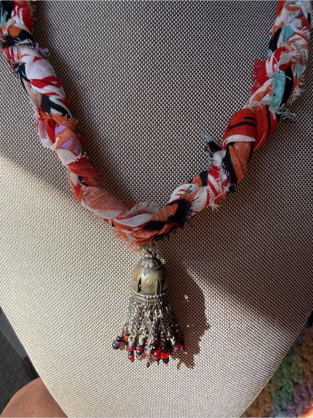 Bohemian Red Patterned Fabric Necklace with Silver Tassel Pendant